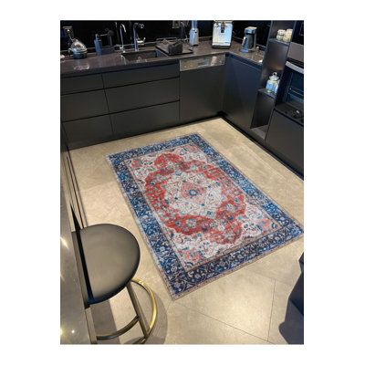 Washable Traditional Blue Colored Decorative Area Rug