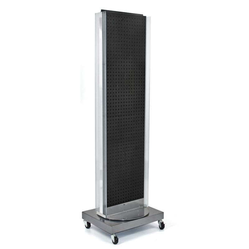 Black Two-Sided Pegboard Floor Display with Revolving Wheeled Base