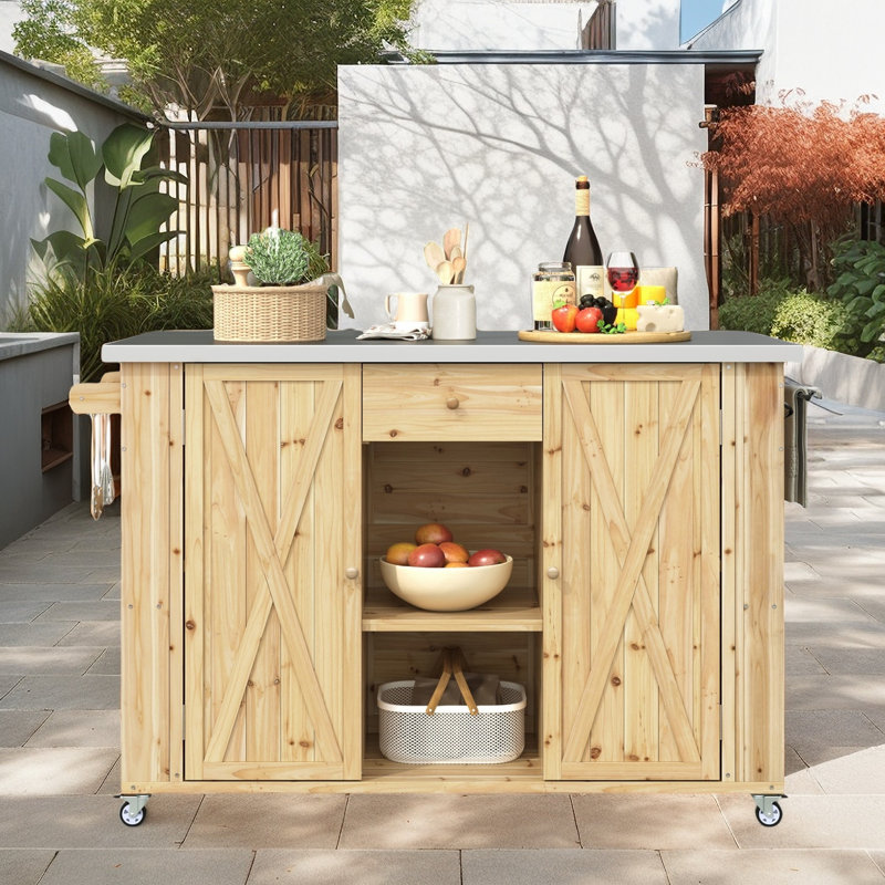 Îlot de cuisine extérieur avec roues verrouillables, Bois naturel
