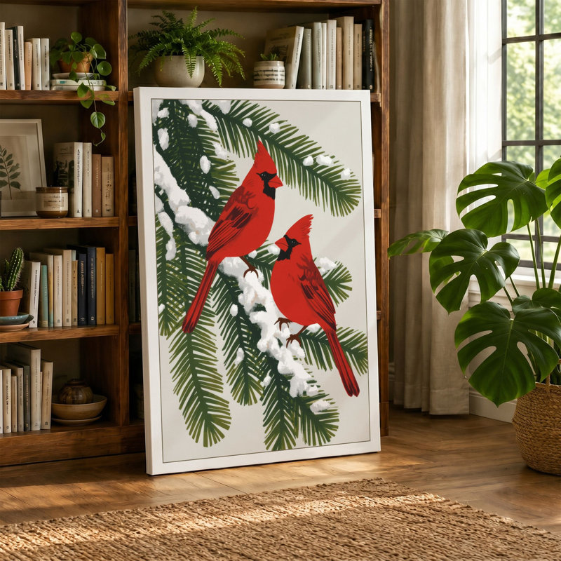 Winter Cardinals Botanical - Wrapped Canvas, 30x20 - 76.2 x 50.8 cm, Cream Border