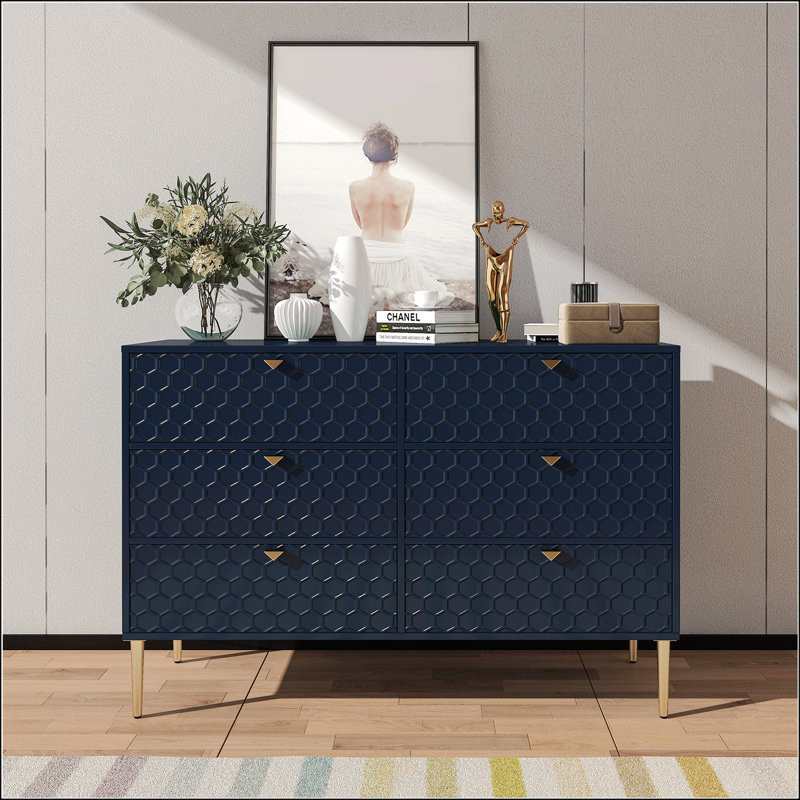 Commode à 6 tiroirs avec motif 3D en nid d'abeille, panneau de fibres à densité moyenne plaqué bois pour la chambre à coucher et le salon