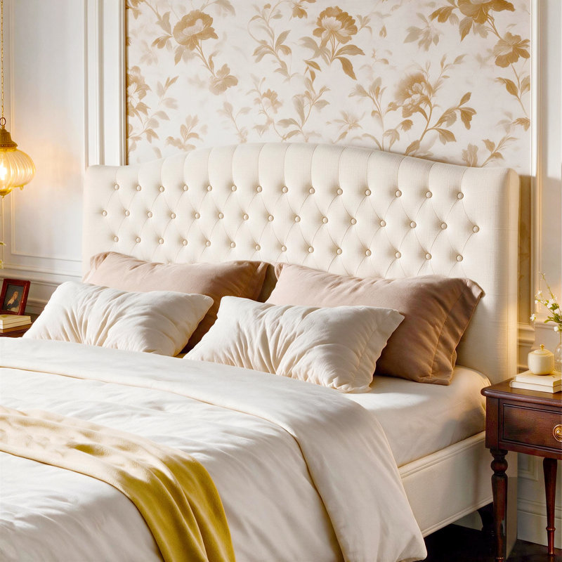 Button-Tufted Upholstered Headboard with Wall-Mount Option, King / California King, Ivory Linen
