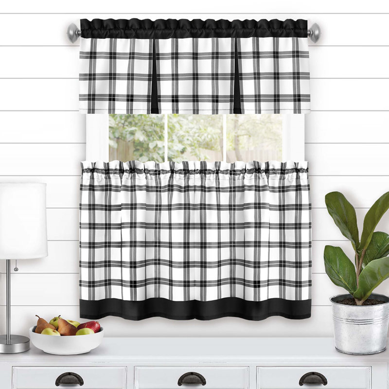 Tate Blue and White Plaid Polyester Kitchen Tier and Valance Set