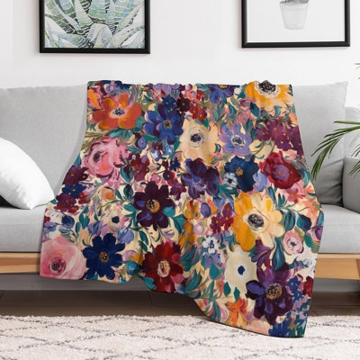 Pastoral Floral Blanket, Retro Rural Boho Art Abstract Purple Daisy Flower Pattern Soft Warm Cozy Plush Flannel Covers for Livingroom Bedroom Couch Chair Camping Travel Home Decor Tapestry 50x60in