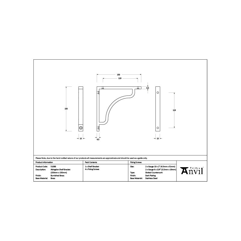 Abingdon Shelf Bracket, 15cm H x 5.9cm W x 1.5cm D, Burnished Brass