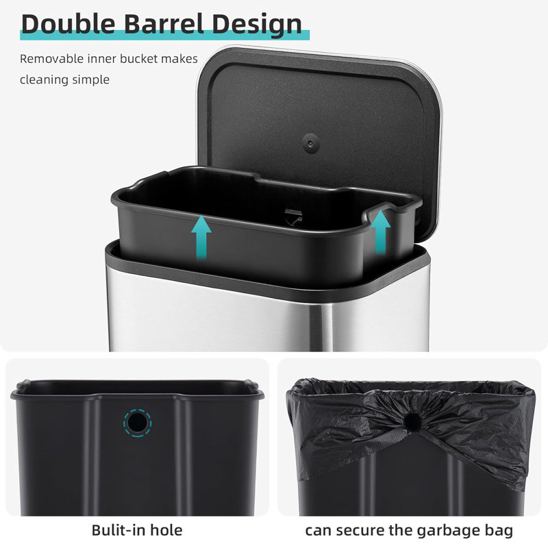 Stainless Steel Garbage Can with Lid, Step-On Pedal and Inner Bucket, Rectangular Trash Can for Kitchen, 3.2 Gallons
