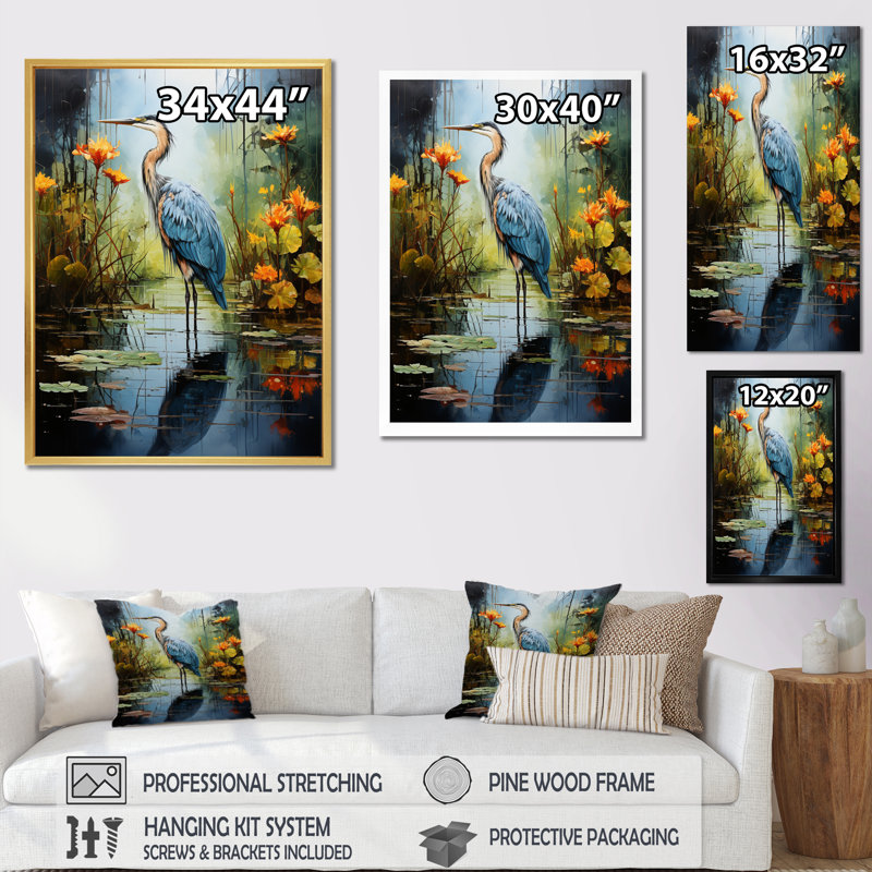 Décoration murale Lason Heron Silent Waters Pointillism I - Heron, H 20 po x l 12 po x P 1 po, Cadre flottant noir