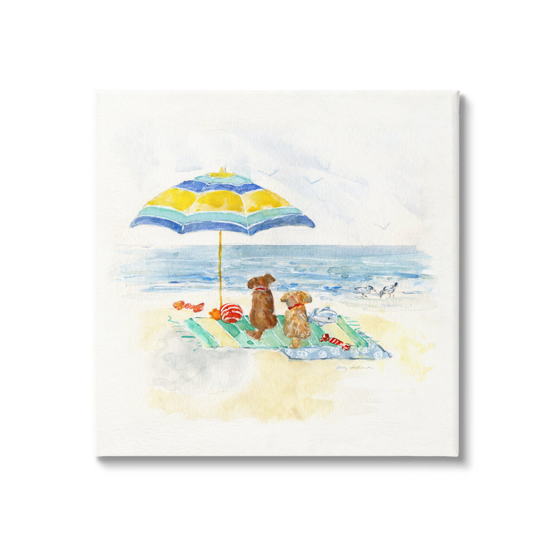 Mignon chien ludique relaxant au bord de la plage par Sally Swatland - Peinture, H 24 po x l 24 po x P 1,5 po, Toile tendue