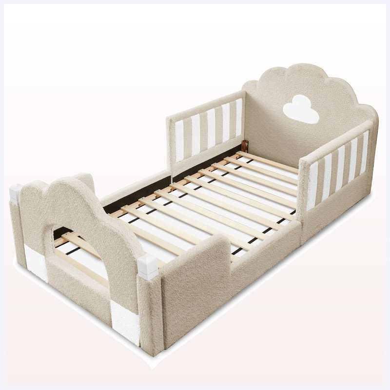 Lit double infonuagique avec barrière de sécurité, cadre en bois massif, tissu bouclé, rose, Chameau