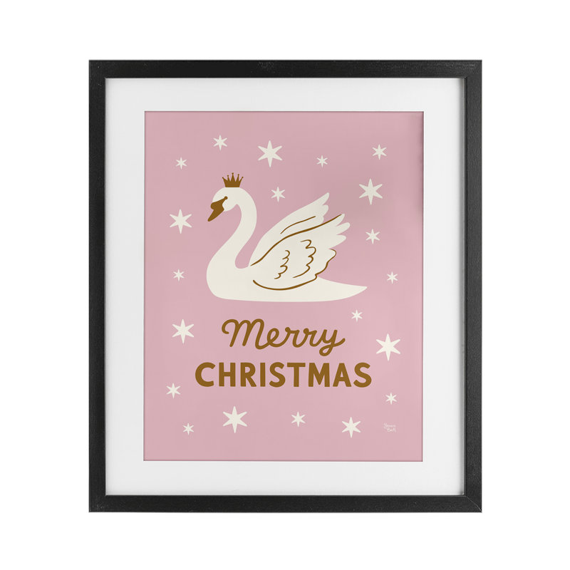 «Pink Swan Merry Christmas», reproduction sous verre encadrée, design par Jessica Beck, H 16 po x l 13 po, Cadre noir minuit