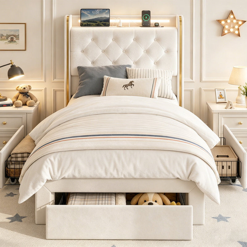 Grand cadre de lit simple de 49,2 po avec tiroirs de rangement, lit plateforme tapissier en velours avec tête de lit à oreilles, lumières à DEL et station de charge, aucun sommier nécessaire, silencieux, beige