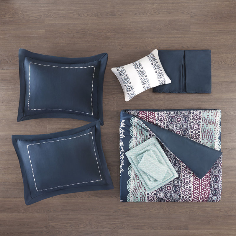 Boho Twin Bedding Set, Polyester Microfiber, Navy Medallion Design For Modern Bedrooms