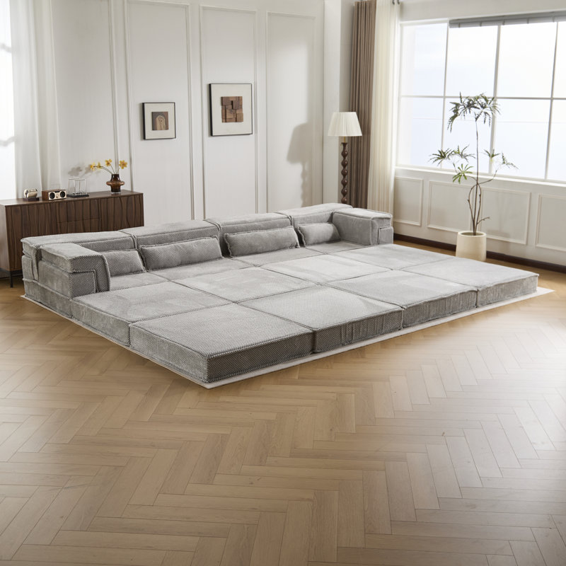 Canapé à compression Mahjong, canapé-lit convertible au sol, canapé modulaire modulaire désossé DIY, aucun assemblage requis, tissu polaire circulaire, surdimensionné à 4 places avec 2 repose-pieds, gris clair