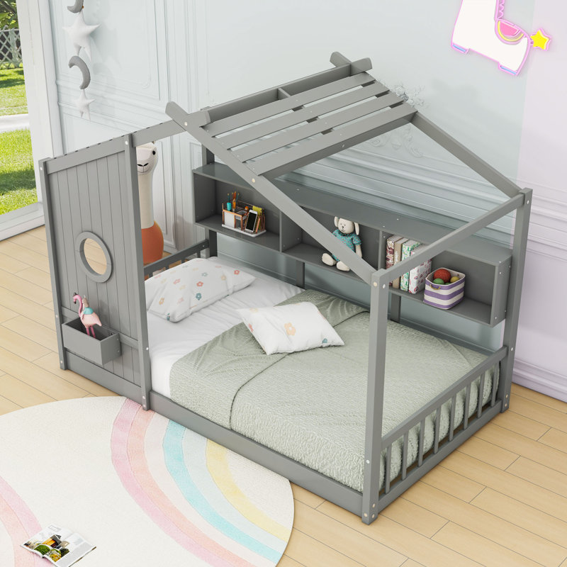 Wooden House-Shaped Floor Bed With Built-In Storage Shlves And Slats, Gray, Twin