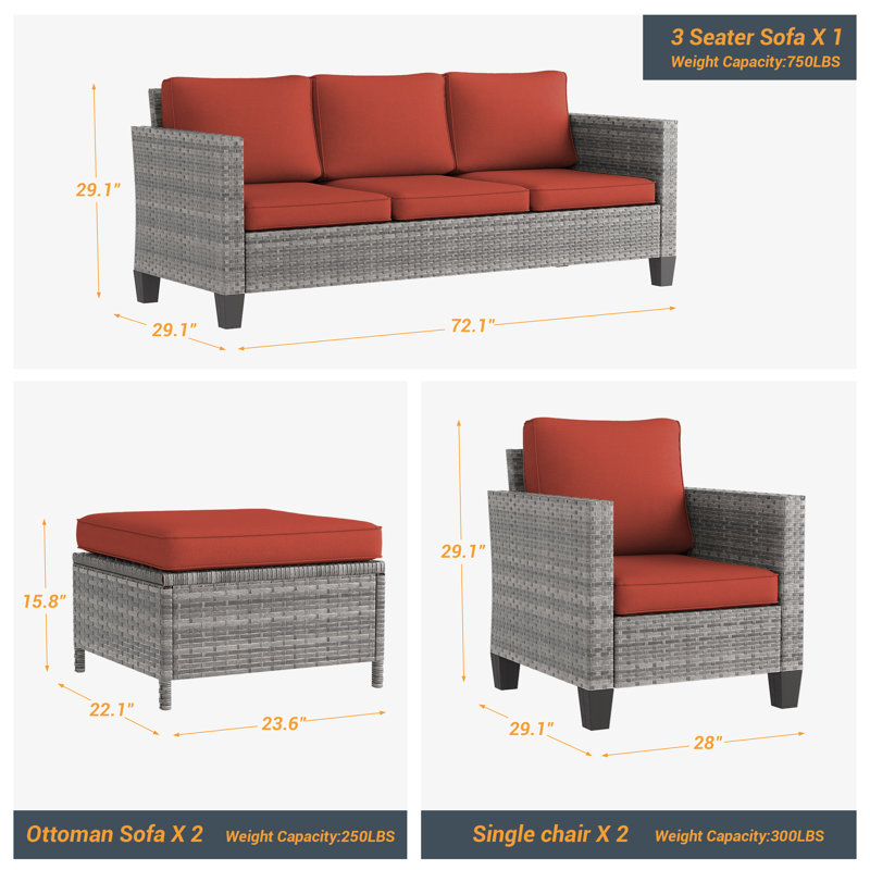 Konami Wicker 5 - Person Patio Conversation Set with Cushions, Gray, Brick Red