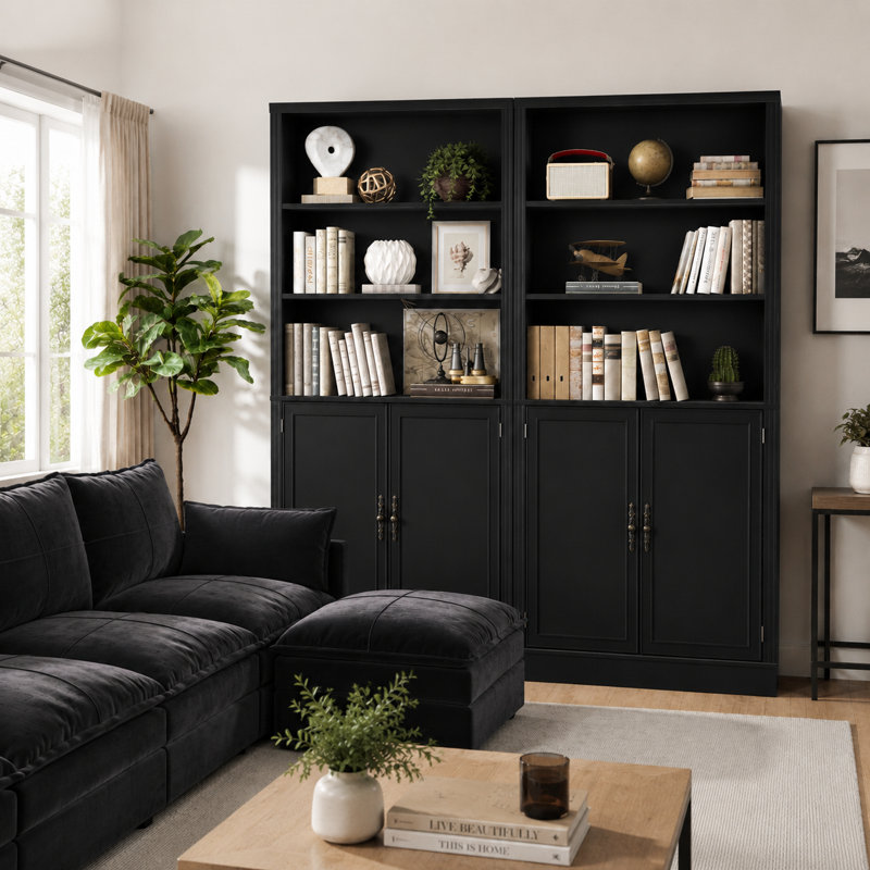 71.4" Tall Modern Bookcase with Doors, 6 Tier Floor Standing Bookshelf with Vintage Handles for Home Office, Living Room 