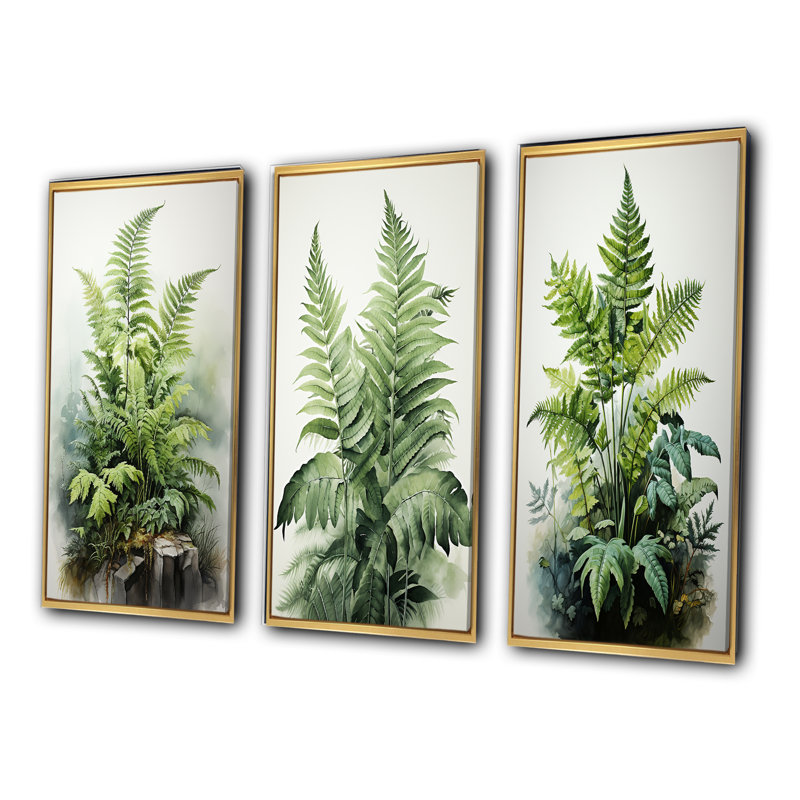 Minimalisme fougères verdoyantes - ensemble de 3 pièces sur toile, Encadrement doré, H 28 po x l 36 po