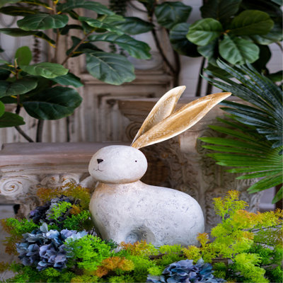 Figurine 13,8 x 6,1 x 20,9 po en forme de lapin en magnésium blanc avec oreilles en fer doré