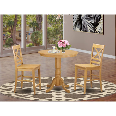 Ensemble de salle à manger à hauteur de comptoir 3 pièces pour petits espaces comprenant une table ronde en bois avec piédestal et 2 chaises de cuisine, 36 po x 36 po, chêne