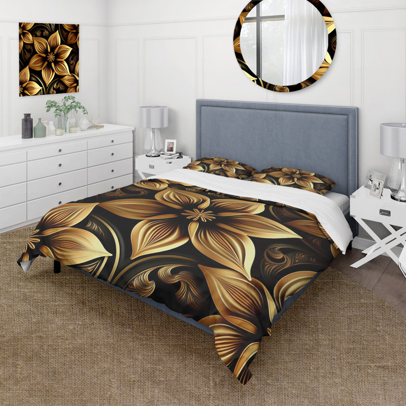 Ensemble de housse de couette Golden Lily On Black II Bed, Housse de couette pour grand lit et 2 taies décor