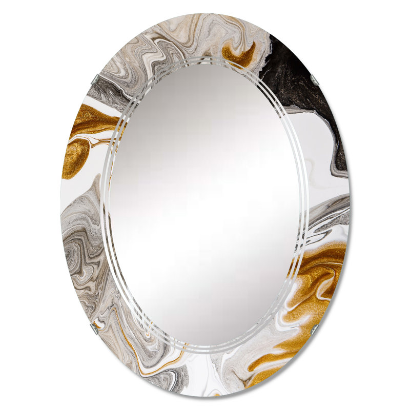 Abstract Oval Wall Mirror, Black White Marble Wave Mirror - Black And White Liquid Marble Waves III, 30" x 20"