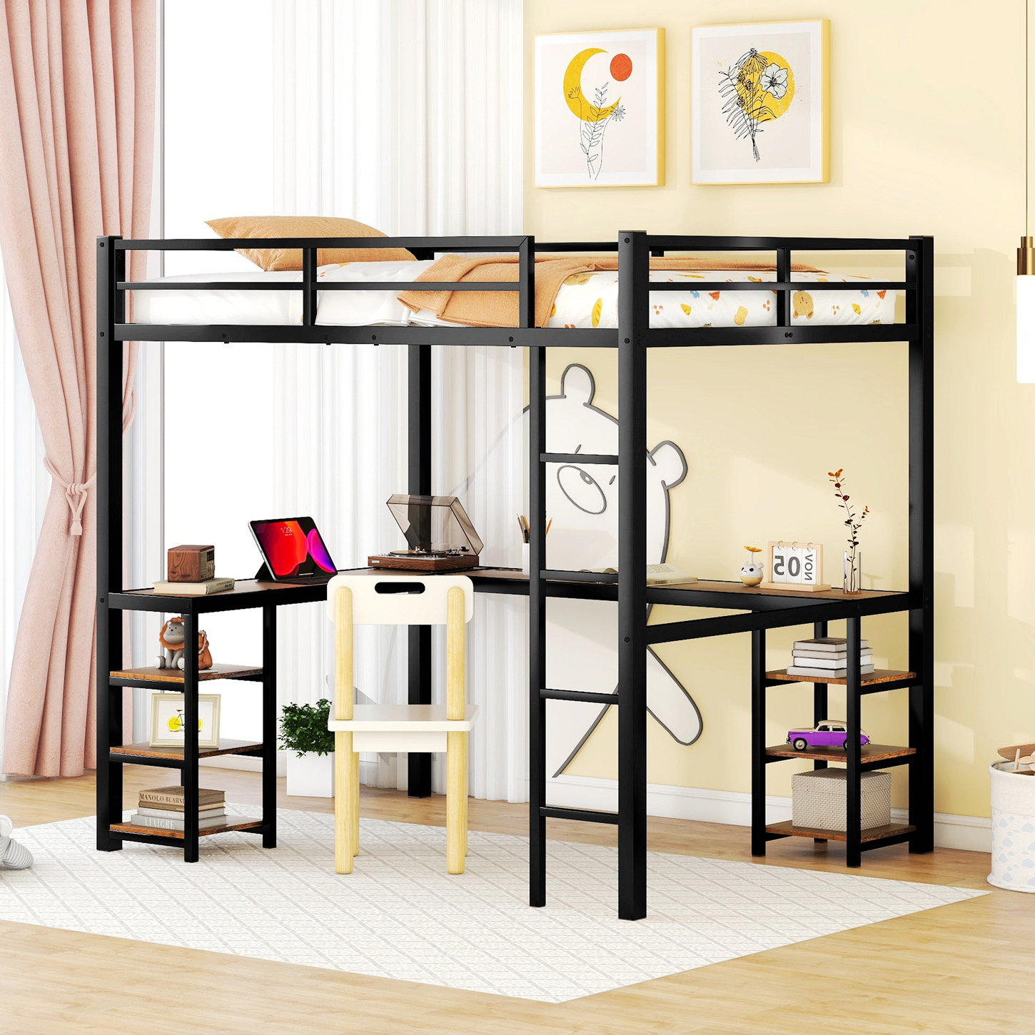 17 Stories Full Metal Loft Bed With Desk And Shelves, Loft Bed With
