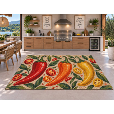 Tapis d'extérieur 5' x 7' Chili Slice Garden, épais, solide, imperméable, en PVC bouclé, tapis de patio robuste, tapis intérieur/extérieur à séchage rapide pour porche, terrasse, balcon, entrée, camping-car.