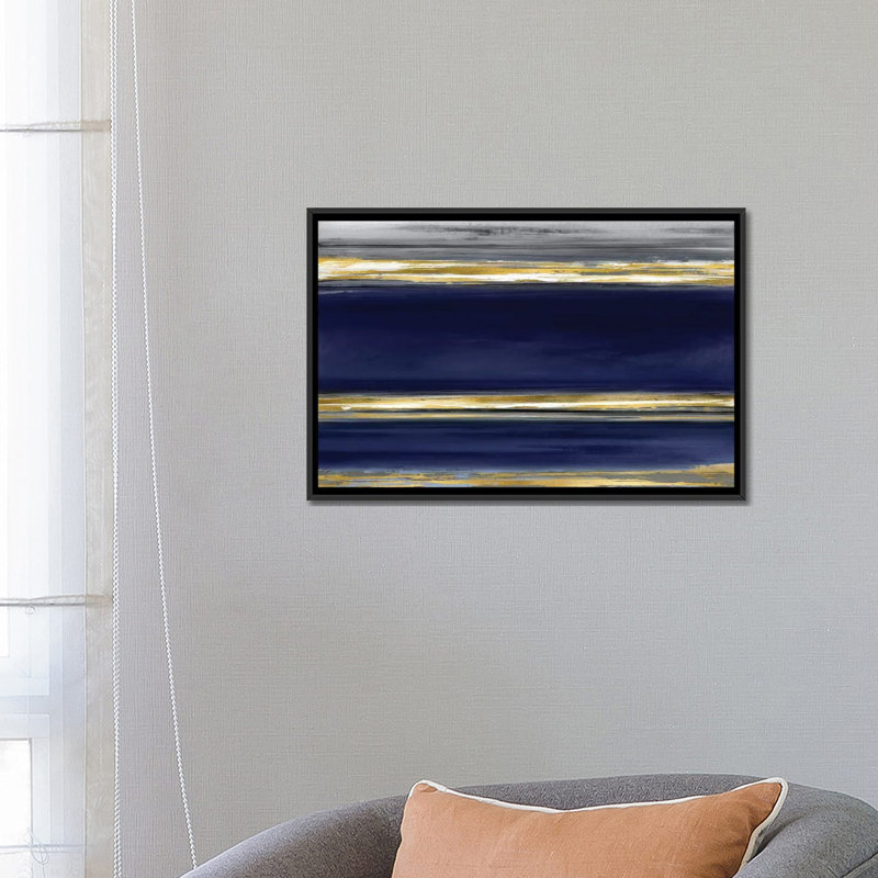 «Parallel Lines on Indigo», impression sur toile, H 18 po x l 26 po x P 1,5 po, Toile avec cadre noir, Pas de tapis