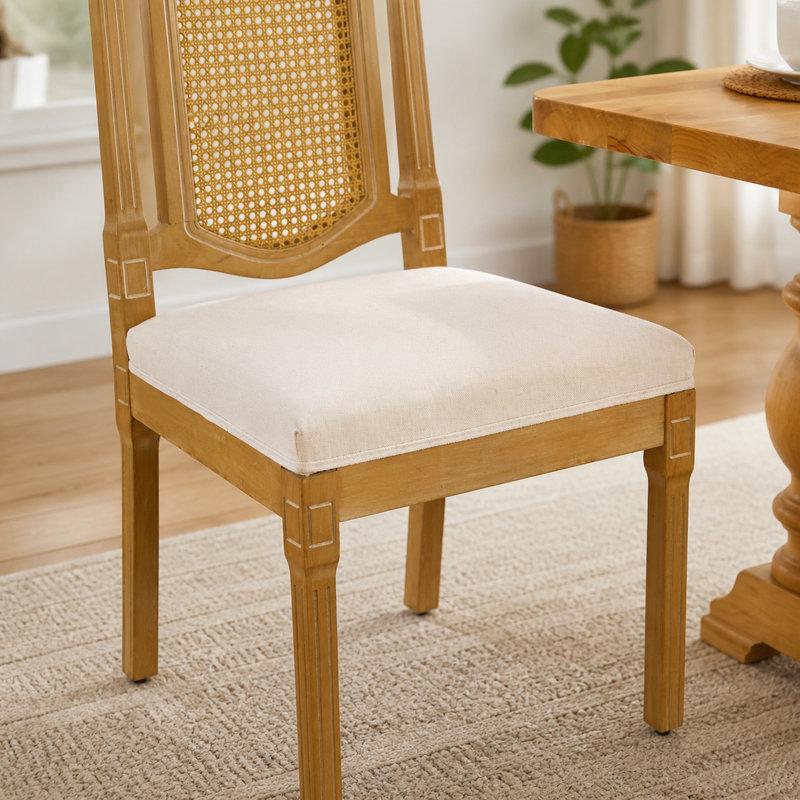 Chaise de salle à manger Mid-Century en bois massif avec dossier canne, beige (ensemble de 2), Beige