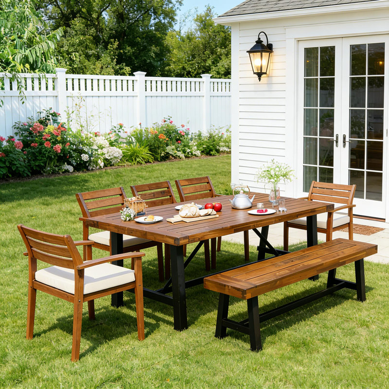 7-Piece Outdoor Soild Wood Dining Set, with 5 Ergonomic Chairs, Bench and Spacious Table for 7-8 Person