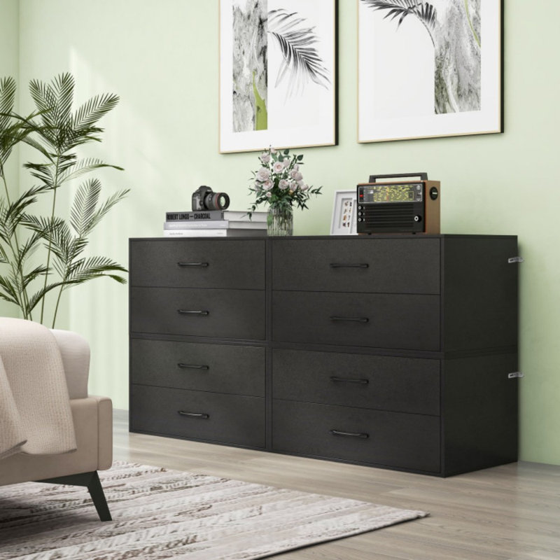 Commode de rangement horizontale empilable à 2 tiroirs avec poignées, Noir