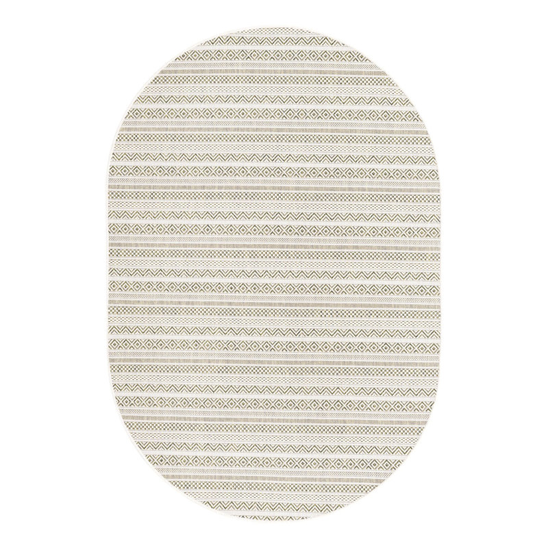 Tapis rayé en polypropylène tissé à la machine intérieur / extérieur gris clair, Ovale 5 pi 3 po x 7 pi 10 po