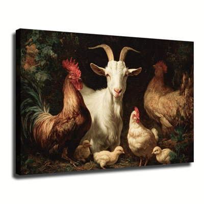 Vintage Farm Scene With Goat Rooster Hen And Baby Chicks, Large Gallery Wrapped Canvas Wall Art Print For Living Room Bedroom