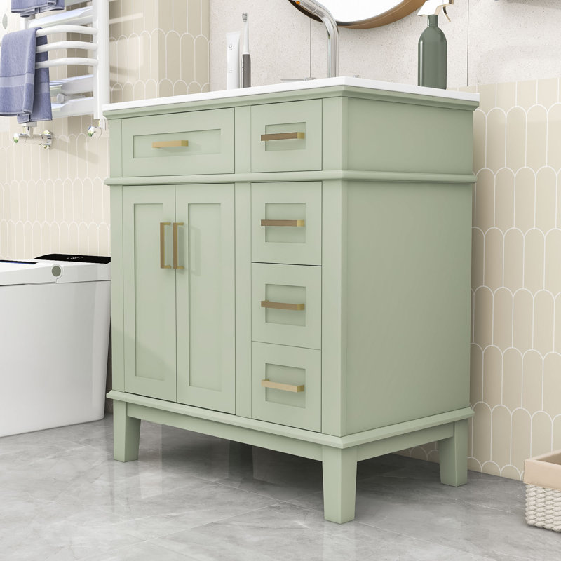 Meuble-lavabo avec lavabo en céramique, 2 tiroirs et portes, Vert