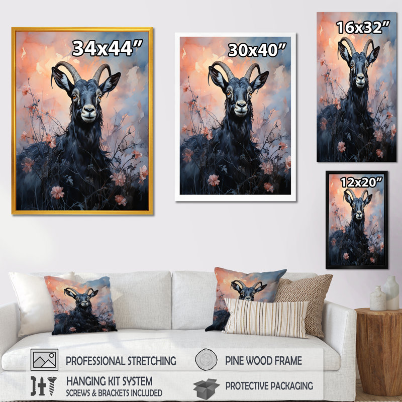 «Buck Goat Twilight Trek 3», art mural animal de chèvre, Cadre simple noir, H 20 po x l 12 po x P 1 po