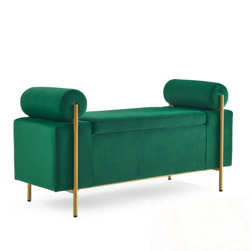 Velvet Upholstered Bench with flip top Storage and metal legs, Green