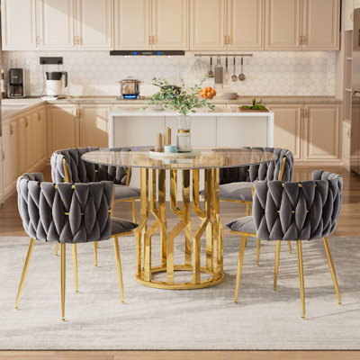 Ensemble de table de salle à manger 38,9 po pour 4 personnes, table de cuisine moderne en verre avec 4 chaises rembourrées en velours, ensemble de table 5 pièces, bureau de salon confortable pour la cuisine