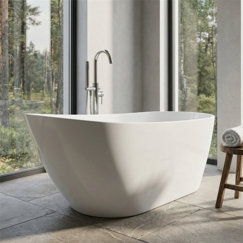 59" Acrylic Freestanding Soaking Bathtub, Ergonomic Sloped Backrest, Chrome Overflow & Pop-Up Drain, 119-Gallon Capacity