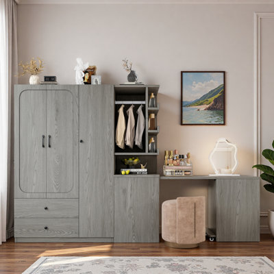 Armoire multifonctionnelle avec 2 portes, tringle, bureau convertible, tiroirs de rangement et tablettes ouvertes