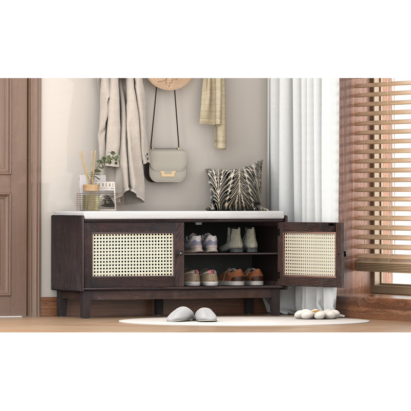 Banc d'entrée en rotin avec rangement Trexm Boho, Beige, espresso, Beige,Espresso, Espresso