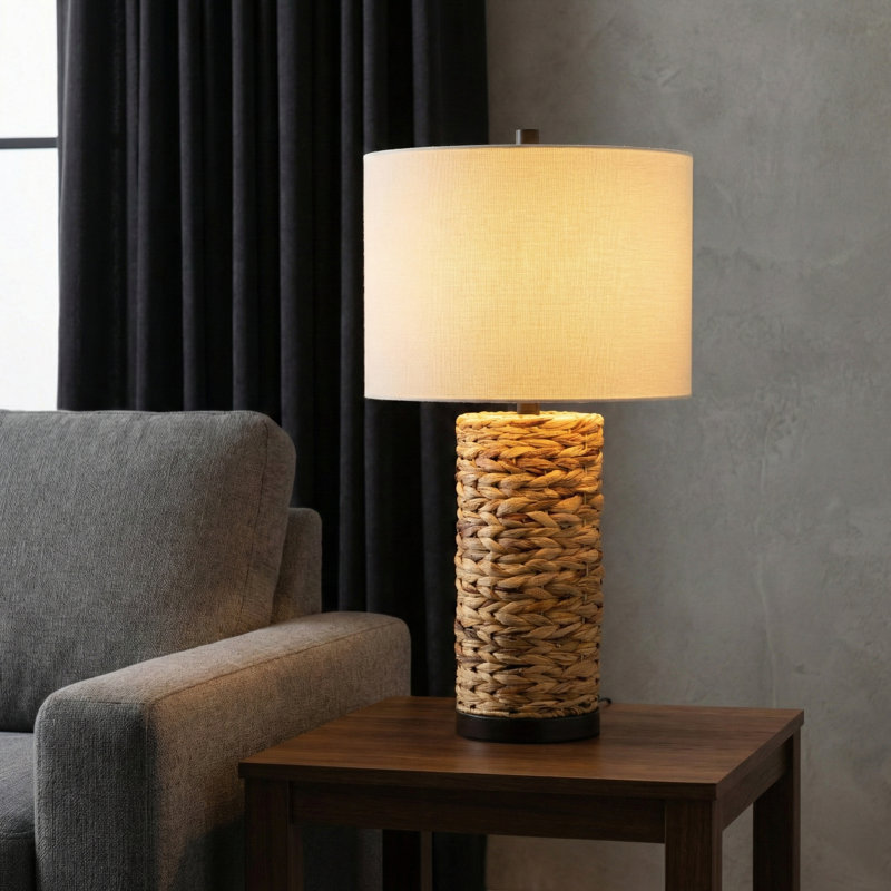 Modern Woven Seagrass Cylinder Table Lamp For Living Room Decor - Textured Small Accent For Desk or Bedroom Bedside Lighting - 26", Brown & White