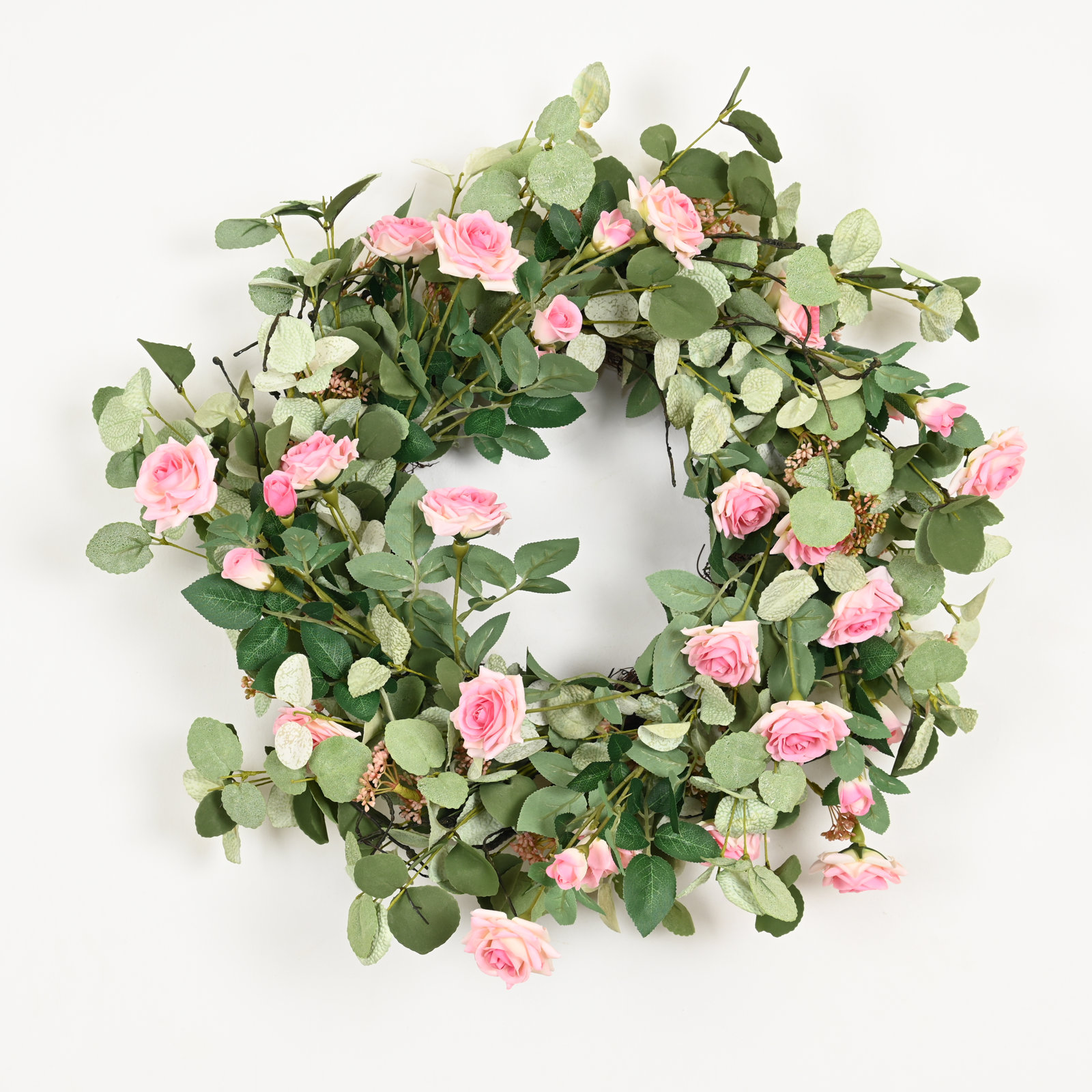 22" Handcrafted Eucalyptus Rose No Holiday Wreath, Pink/Green