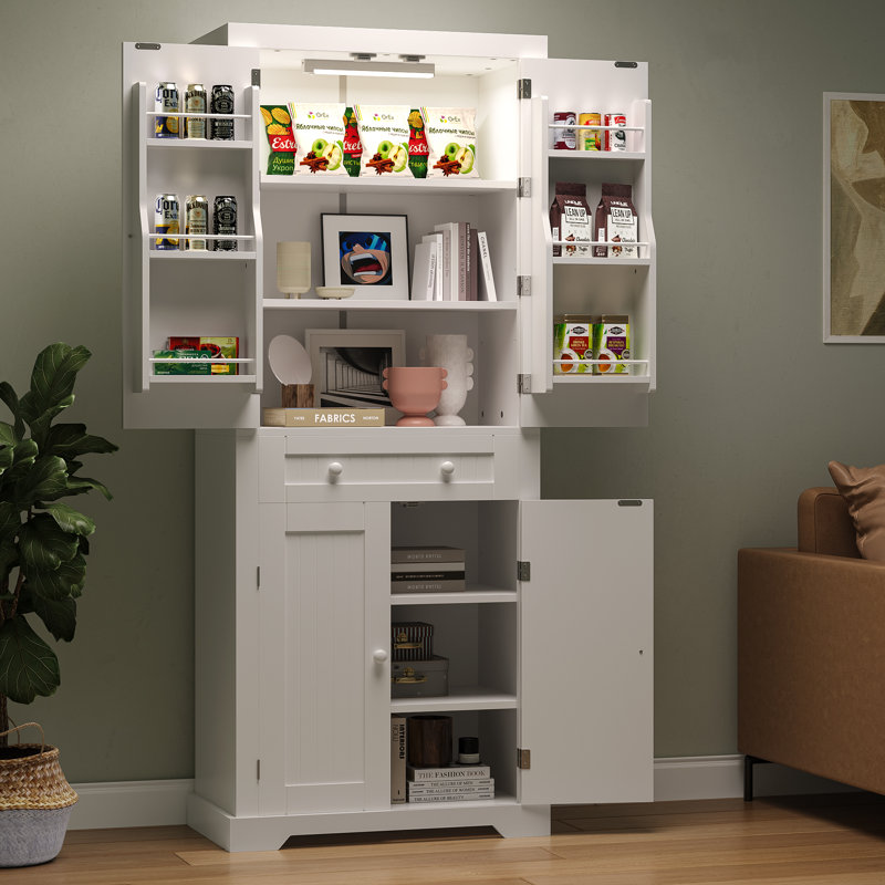 White 72" Tall Kitchen Pantry Cabinet with Motion Sensor Light