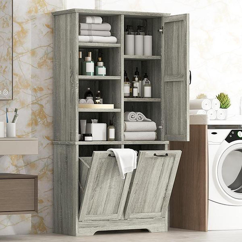 Bathroom Storage Cabinet With Doors And Drawers, Tilt-Out Laundry Hamper, Multiple Storage Space, Freestanding Style, Open Shelve, Adjustable Shelf, Oak(Old SKU:N725P208543L)