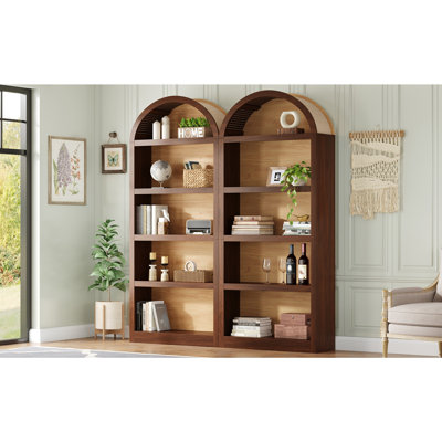 ON-TREND - Ensemble de 2 grandes bibliothèques autoportantes, armoire de rangement ouverte bicolore avec plateau arqué en tissu, bibliothèque à 5 niveaux pour le salon, la chambre à coucher, le bureau personnel, noyer et naturel