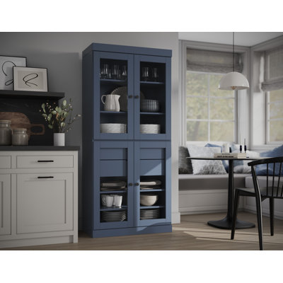 Garde-manger 100% bois massif Kaniesha 32 po avec portes en verre transparent, 2 tiroirs et tablettes réglables