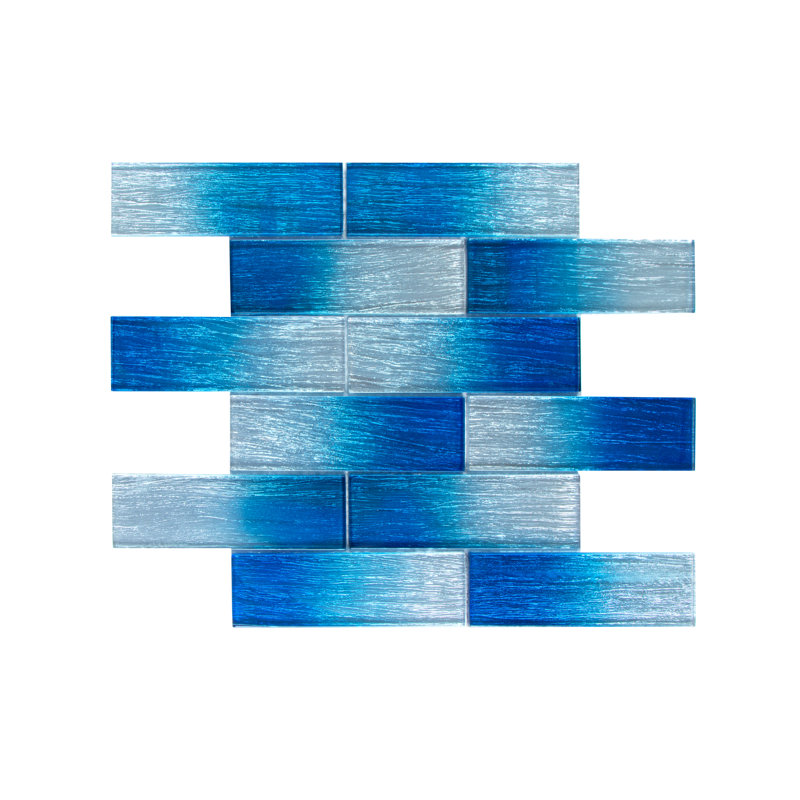 Foil 2" x 6" Straight Edge Glass Mosaic Subway Tile, Silver/True Blue