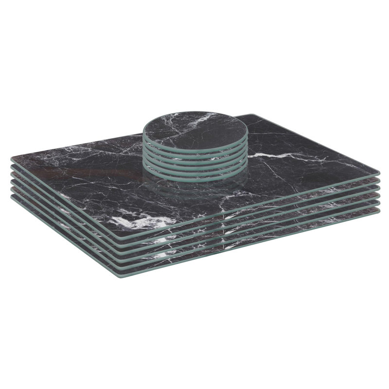 Harbour Housewares - 12pc Glass Placemats & Round Coasters Set, 30cm L x 20cm W, Black