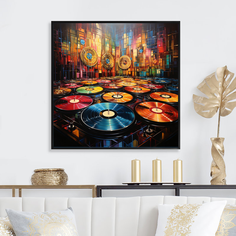 Vinyle Disque Rhythme II - Impressions sur toile, Cadre flottant noir, H 36 po x l 36 po x P 1,5 po