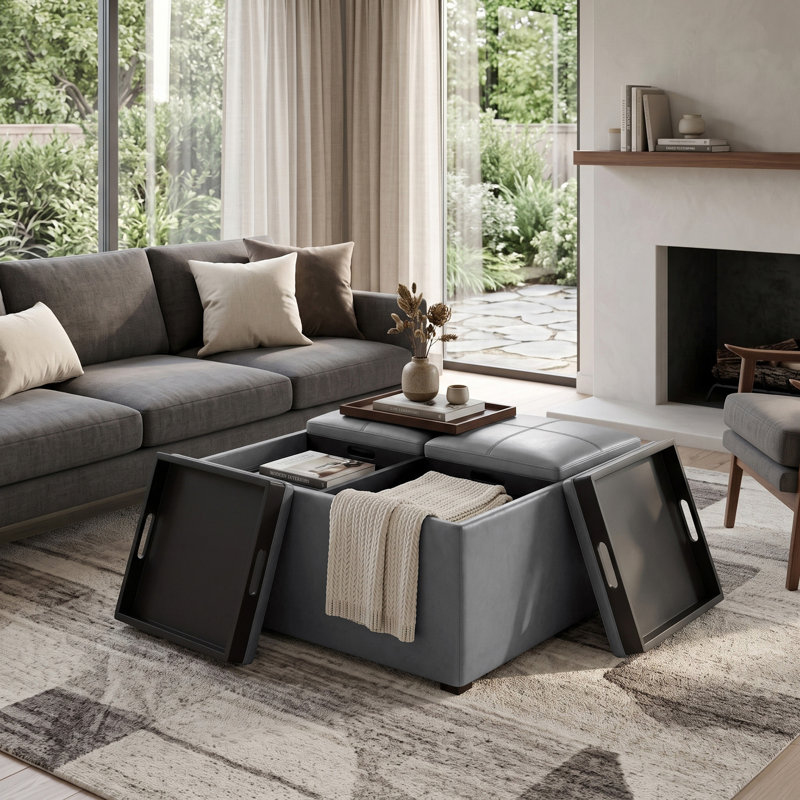 Repose-pieds de rangement pour table basse moderne en cuir végétalien l 35 po Avalon avec 4 plateaux rabattables Avalon, Noir